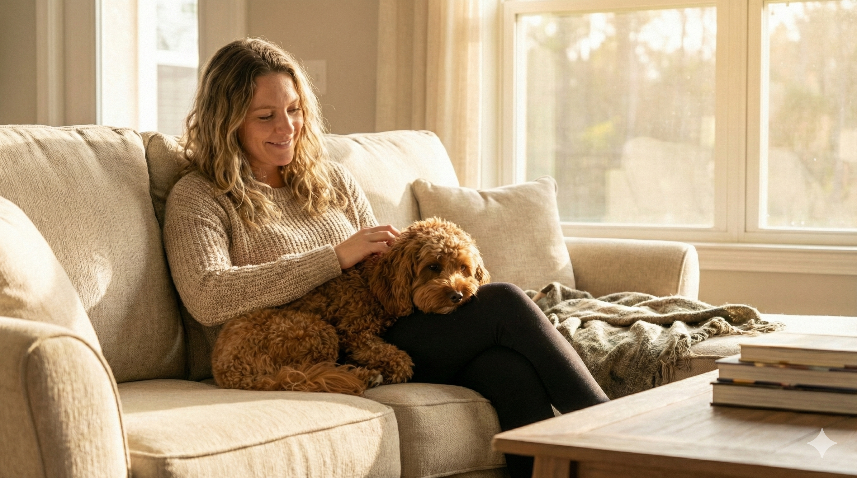 Woman sitting on a couch with a small brown dog, surrounded by books and a blanket in a cozy living room.